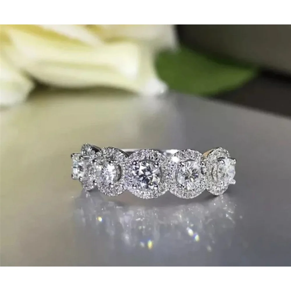 5‎ Stone Halo Simulated Diamond Ring | Platinum Plated Sterling Silver